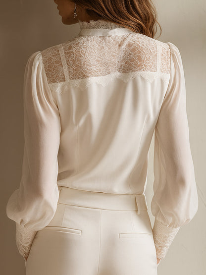 Blusa Retro Elegante de Chifón con Cuello Alto de Encaje y Lazo