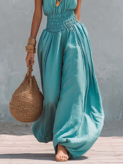Mono Bohemio de Algodón y Lino con Cuello Halter, Cintura Fruncida y Pantalón Balloon