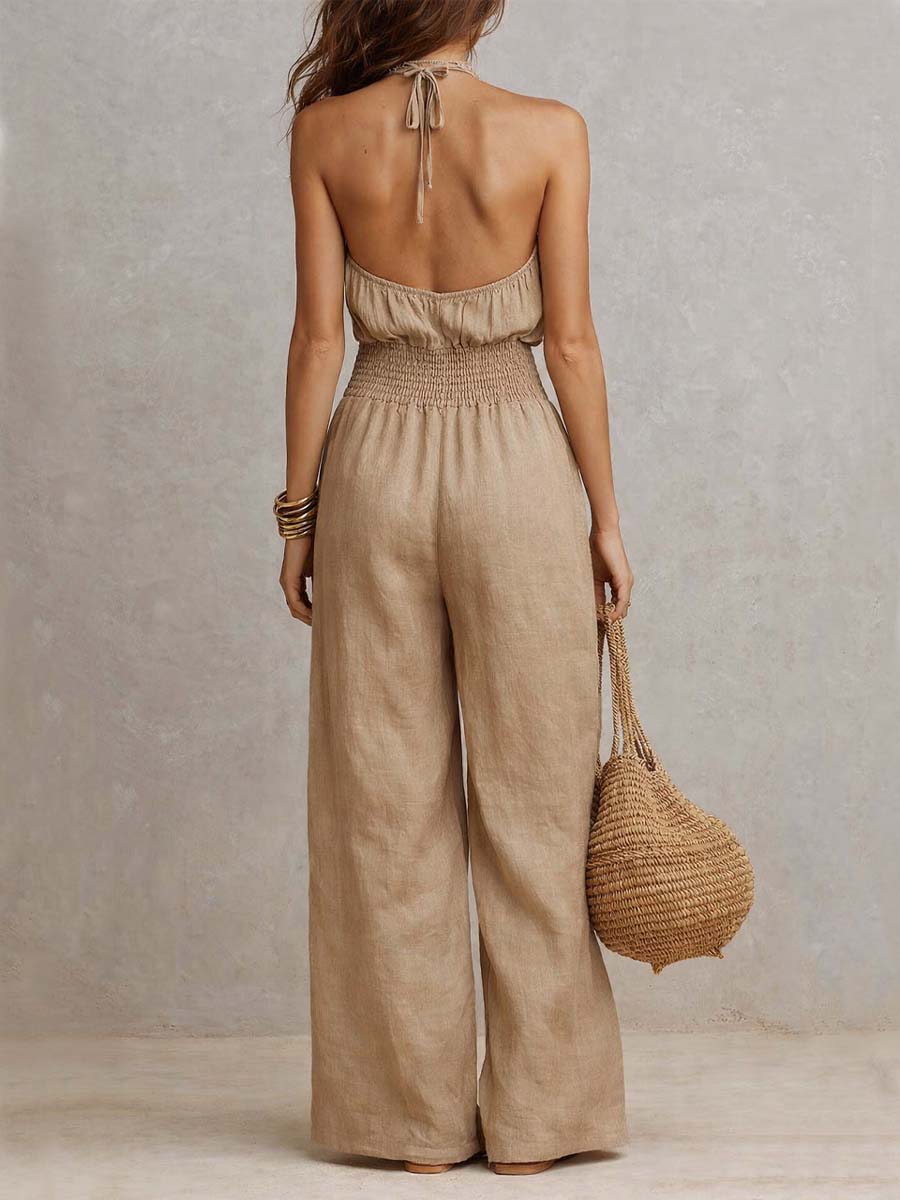Mono Beige Tostado de Algodón y Lino con Cuello Halter, Cintura Fruncida y Pierna Ancha
