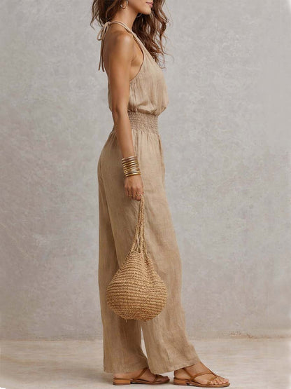 Mono Beige Tostado de Algodón y Lino con Cuello Halter, Cintura Fruncida y Pierna Ancha
