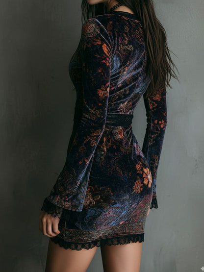 Vestido Mini Boho de Terciopelo con Estampado Floral, Escote en V, Corte Ajustado y Encaje