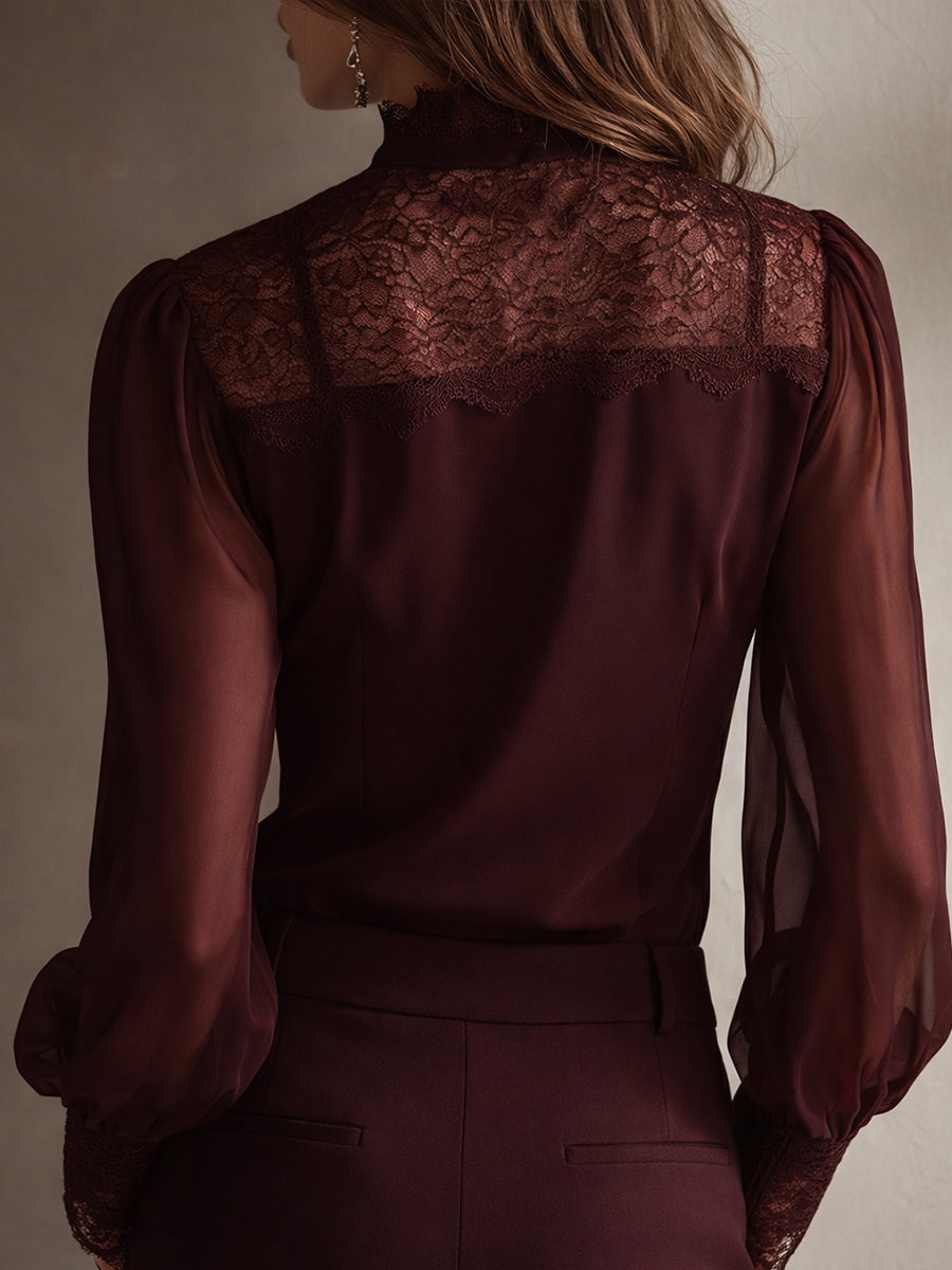 Blusa Retro Elegante de Chifón con Cuello Alto de Encaje y Lazo