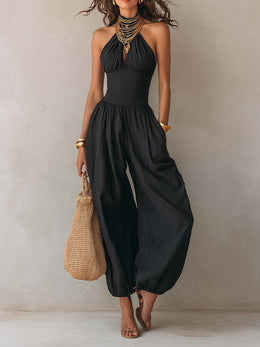 Mono Bohemio con Cuello Halter, Abertura Frontal y Pantalón Balloon