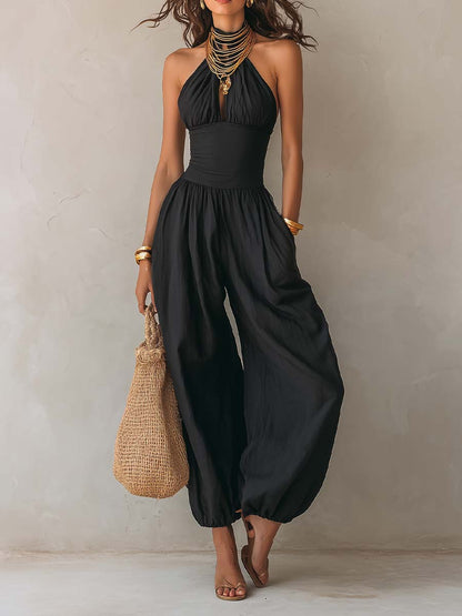 Mono Bohemio con Cuello Halter, Abertura Frontal y Pantalón Balloon
