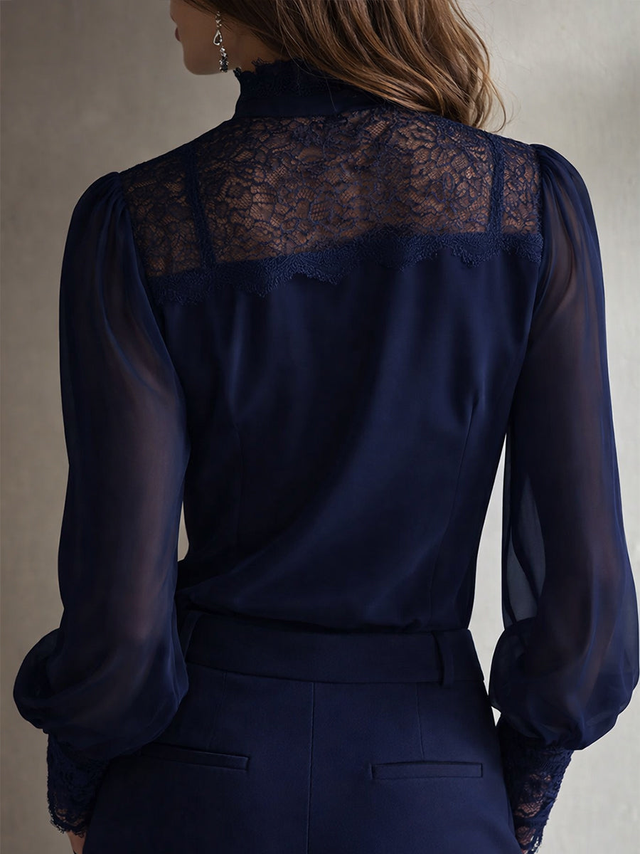 Blusa Retro Elegante de Chifón con Cuello Alto de Encaje y Lazo