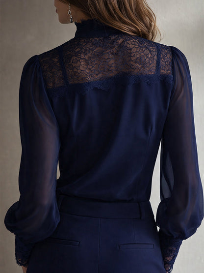 Blusa Retro Elegante de Chifón con Cuello Alto de Encaje y Lazo