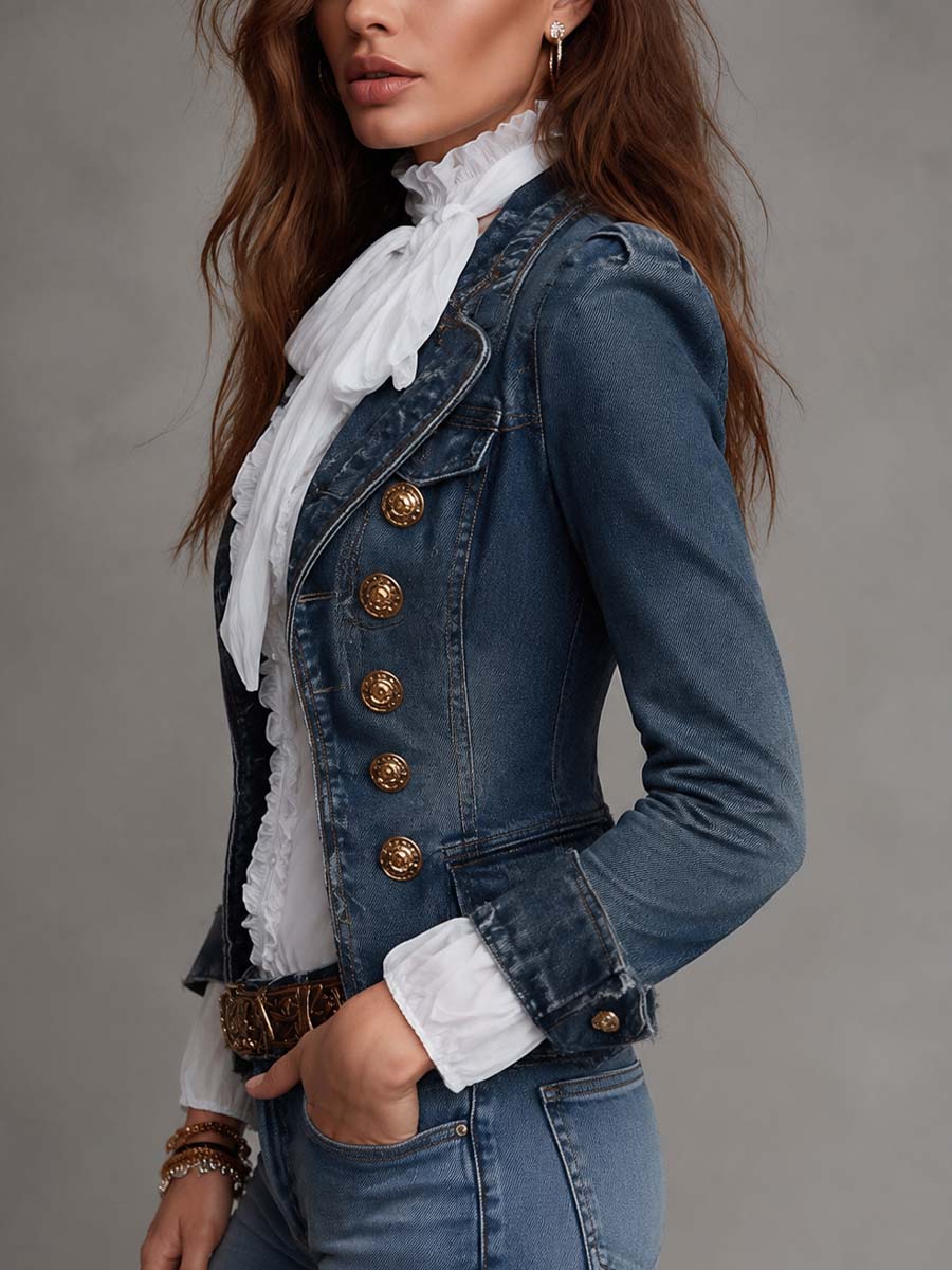 Blazer Vaquero Corto Western Vintage con Doble Botonadura, Botones Dorados y Bajo Deshilachado