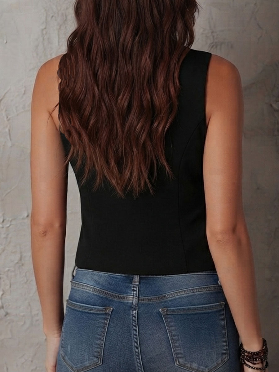 Chaleco Corsé Boho Negro con Encaje y Cremallera Frontal