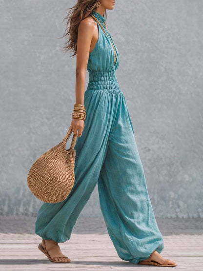 Mono Bohemio de Algodón y Lino con Cuello Halter, Cintura Fruncida y Pantalón Balloon