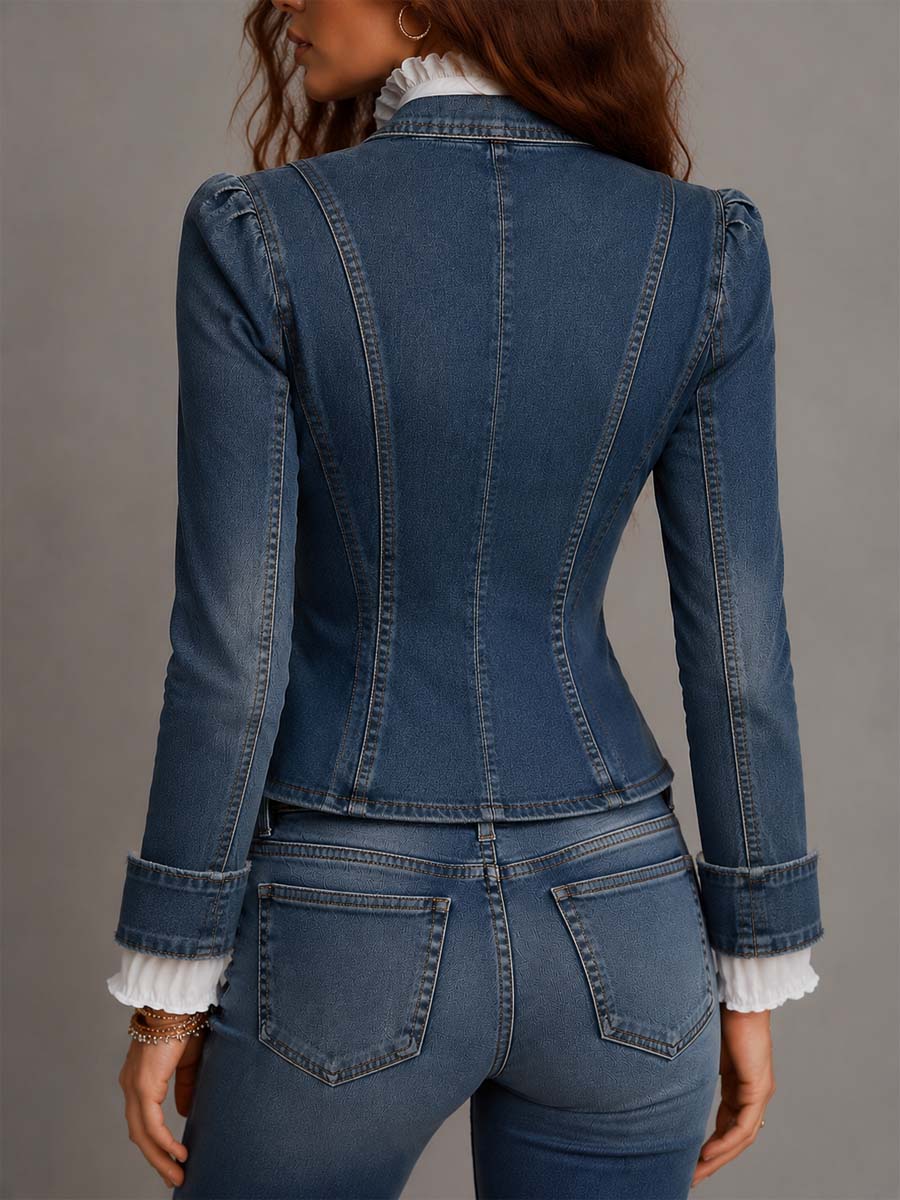 Blazer Vaquero Corto Western Vintage con Doble Botonadura, Botones Dorados y Bajo Deshilachado