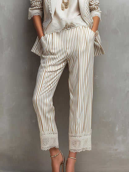 Pantalones Capri Vintage de Rayas con Detalles de Encaje