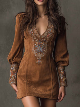 Vestido Mini Vintage de Ante Bordado con Mangas Largas