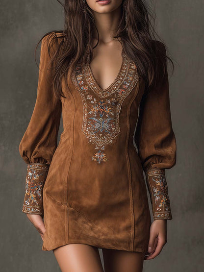 Vestido Mini Vintage de Ante Bordado con Mangas Largas