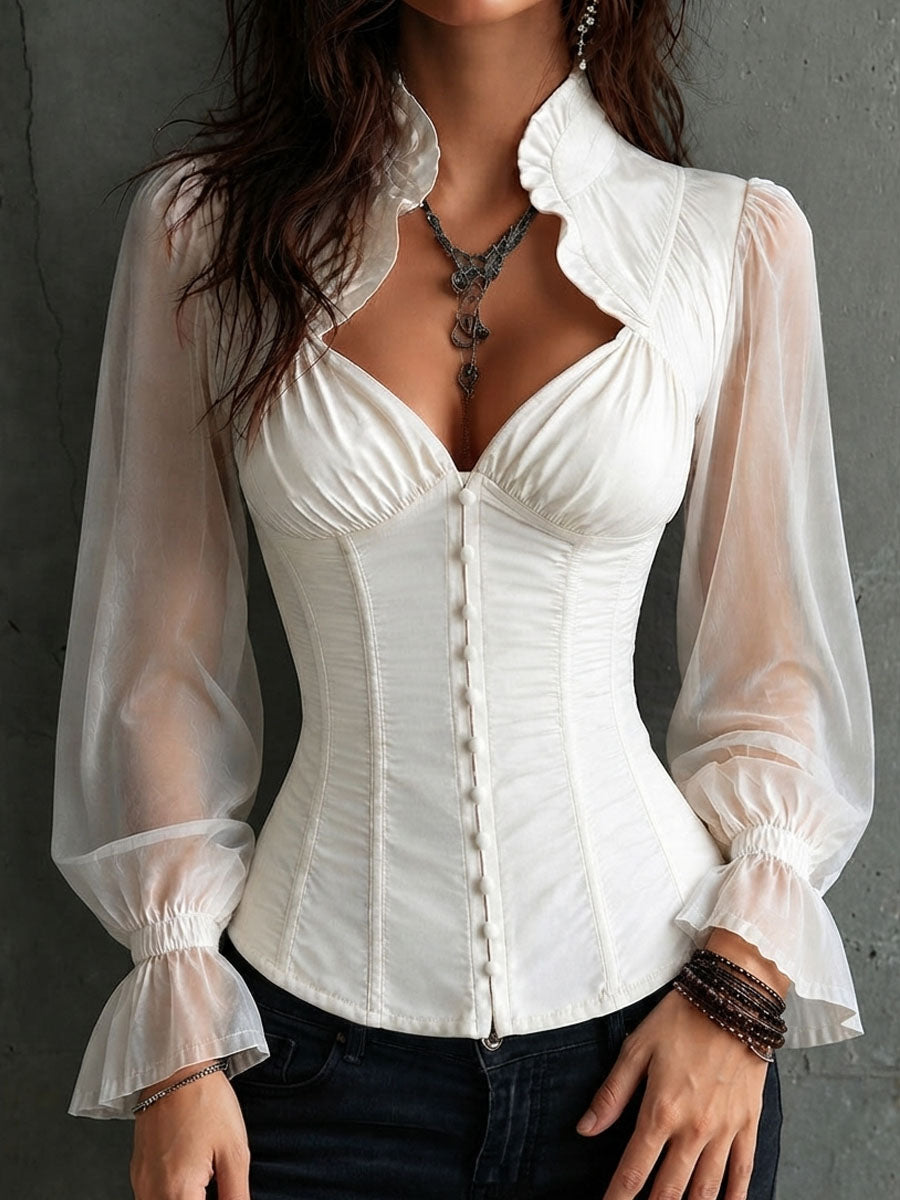 Blusa Corsé Blanca Romántica de Estilo Retro con Mangas Semitransparentes y Cuello de Volantes