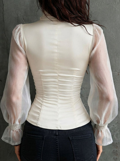 Blusa Corsé Blanca Romántica de Estilo Retro con Mangas Semitransparentes y Cuello de Volantes