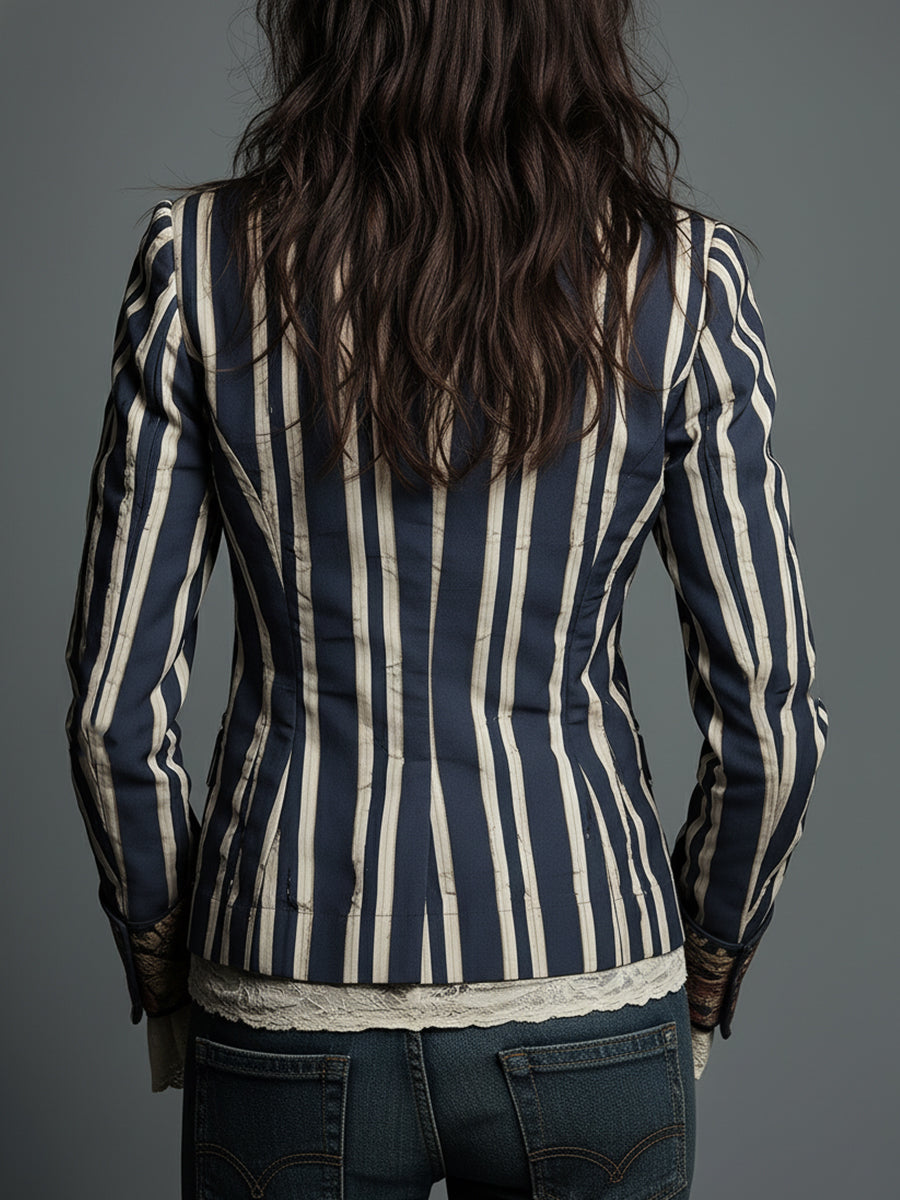 Blazer de algodón y lino con rayas y estampado floral bohemio