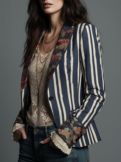 Blazer de algodón y lino con rayas y estampado floral bohemio