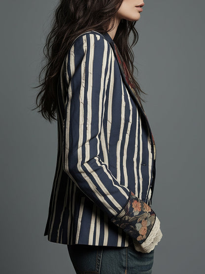 Blazer de algodón y lino con rayas y estampado floral bohemio