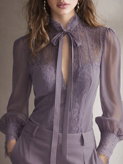 Blusa Retro Elegante de Chifón con Cuello Alto de Encaje y Lazo