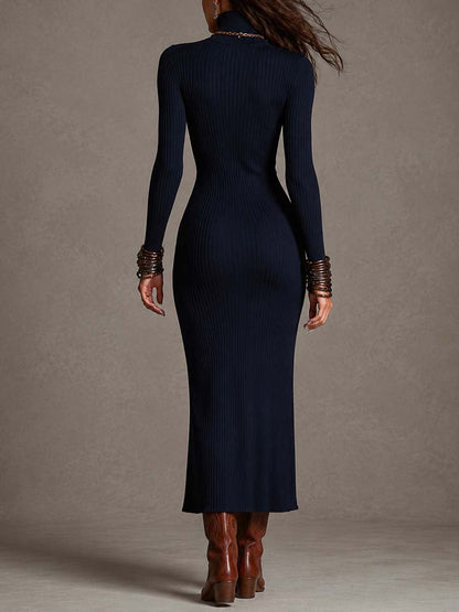Vestido Midi Azul Marino de Punto Canalé con Cuello Alto, Abertura Frontal y Cremallera Lateral