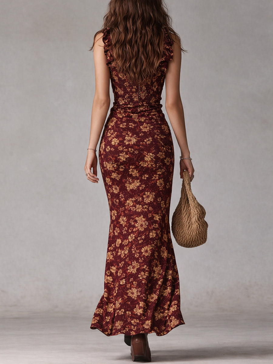 Vestido Maxi Boho Retro con Mangas de Volantes y Abertura Alta