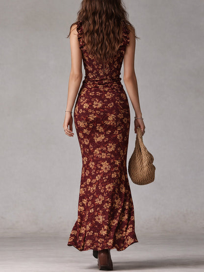Vestido Maxi Boho Retro con Mangas de Volantes y Abertura Alta
