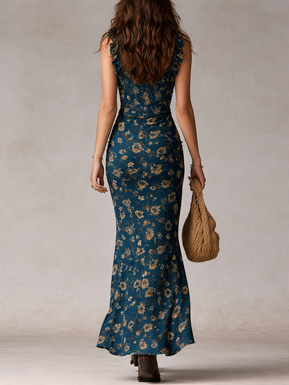 Vestido Maxi Boho Retro con Mangas de Volantes y Abertura Alta