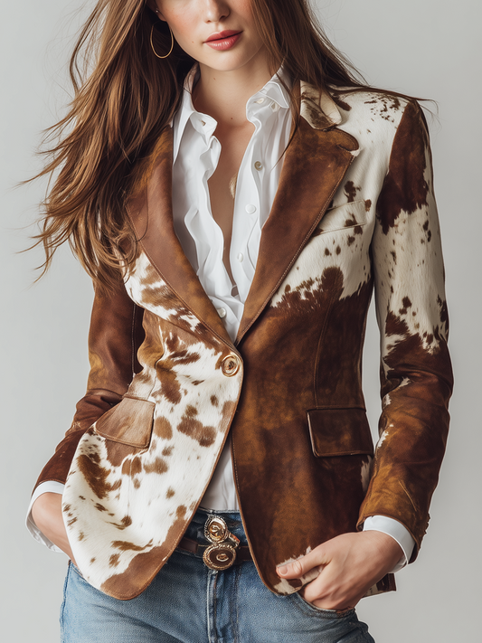 Blazer Vintage de Ante Ecológico con Estampado de Piel de Vaca