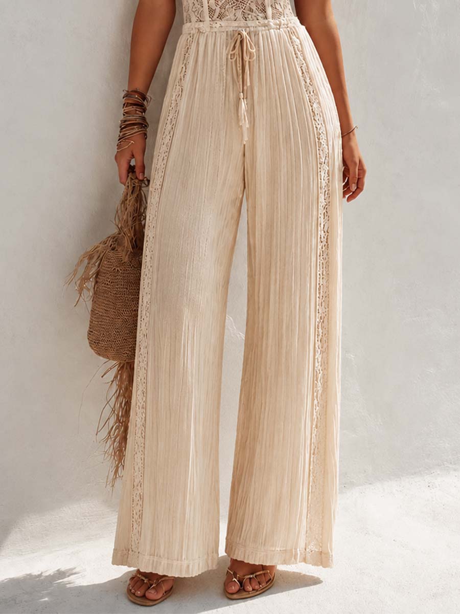 Mono Bohemio Crema con Corsé de Encaje y Pantalón Plisado de Pierna Ancha