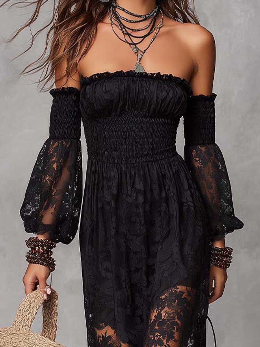 Vestido Maxi Negro de Encaje con Escote Bardot y Cuerpo Fruncido