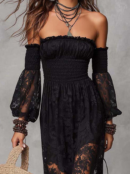 Vestido Maxi Negro de Encaje con Escote Bardot y Cuerpo Fruncido