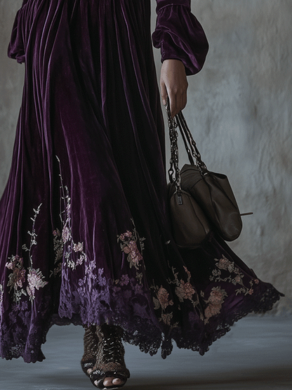 Vestido Maxi Vintage de Terciopelo con Bordado Floral