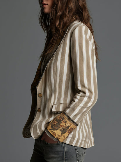 Blazer de algodón a rayas con detalles estampados de estilo bohemio