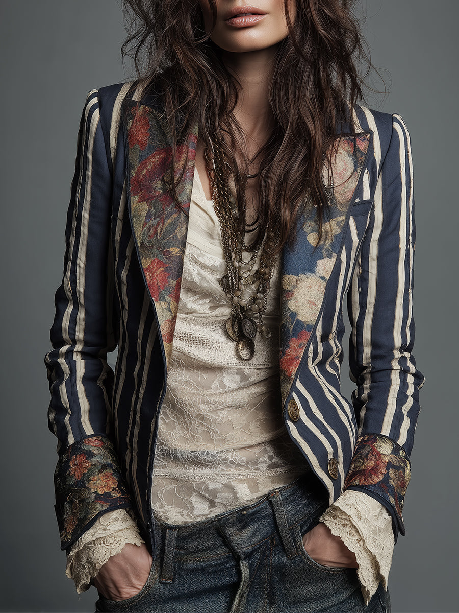 Blazer de algodón y lino con rayas y estampado floral bohemio