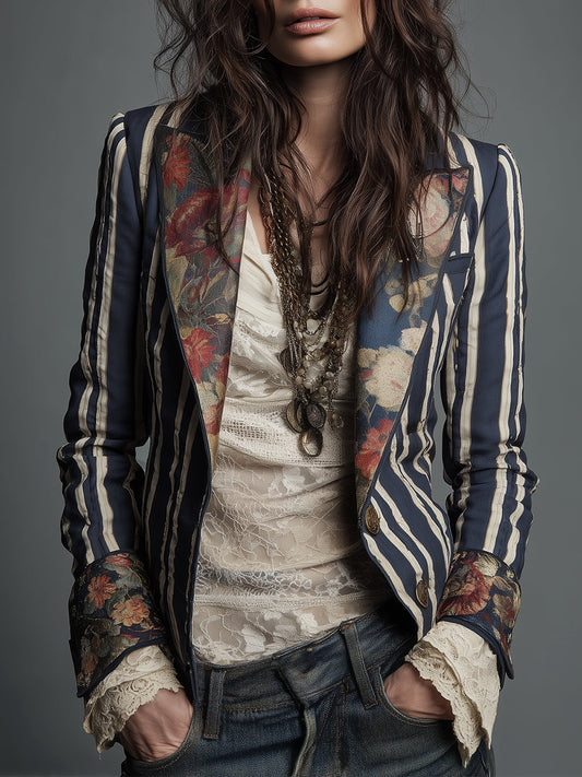 Blazer de algodón y lino con rayas y estampado floral bohemio
