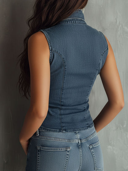 Camisa Vaquera Retro Azul Sin Mangas con Detalles Fruncidos