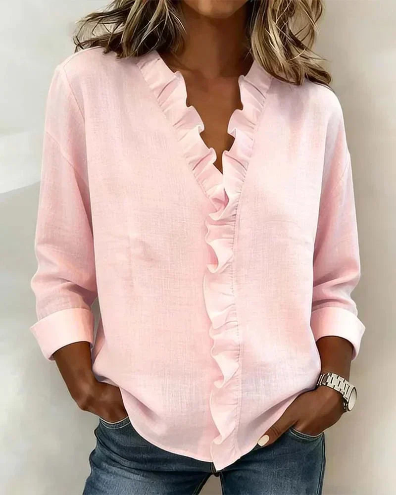 Irene | Blusa con volantes, escote en V y mangas largas
