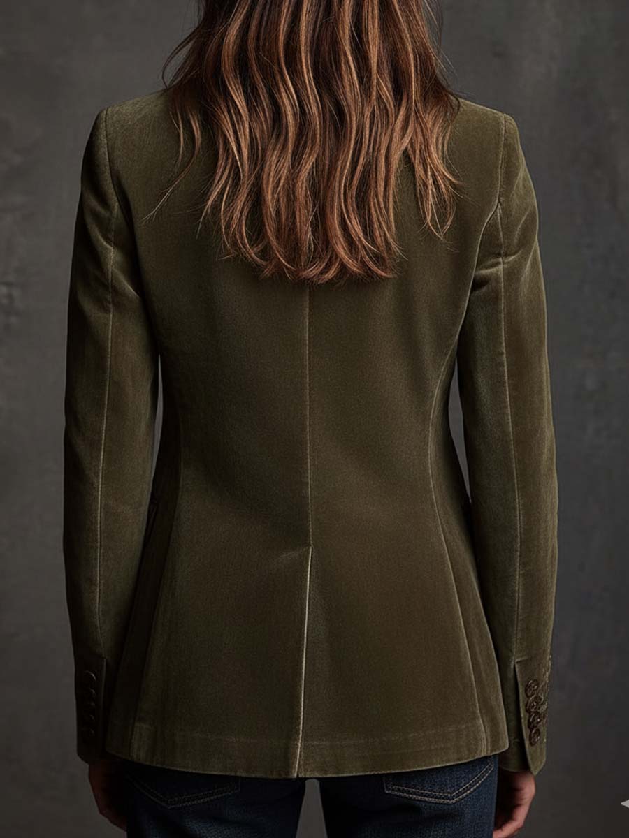 Blazer de Terciopelo Verde Oliva con Elegantes Bordados Florales