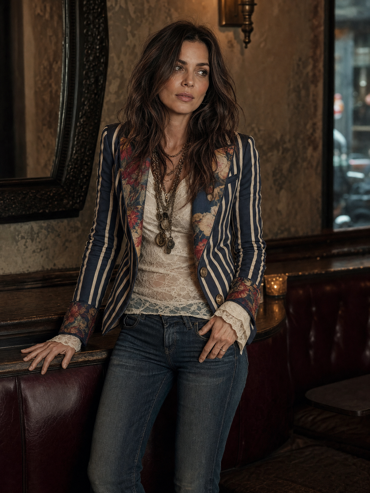 Blazer de algodón y lino con rayas y estampado floral bohemio