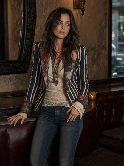 Blazer de algodón y lino con rayas y estampado floral bohemio