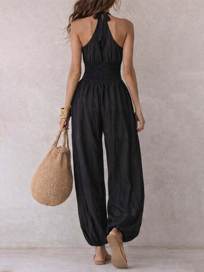 Mono Bohemio con Cuello Halter, Abertura Frontal y Pantalón Balloon