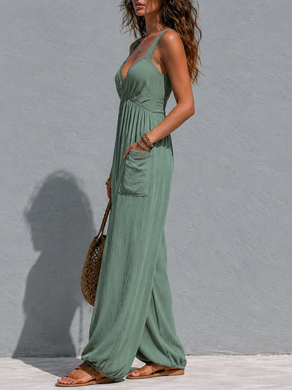 Mono Boho de Pierna Ancha con Detalles de Encaje y Bolsillos de Parche
