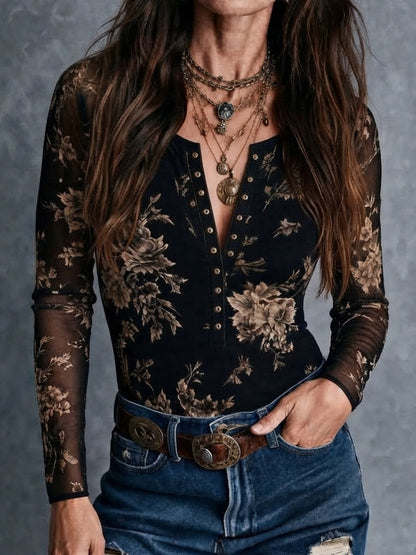 Blusa Boho Retro de Malla Semitransparente con Estampado Floral y Botones Frontales