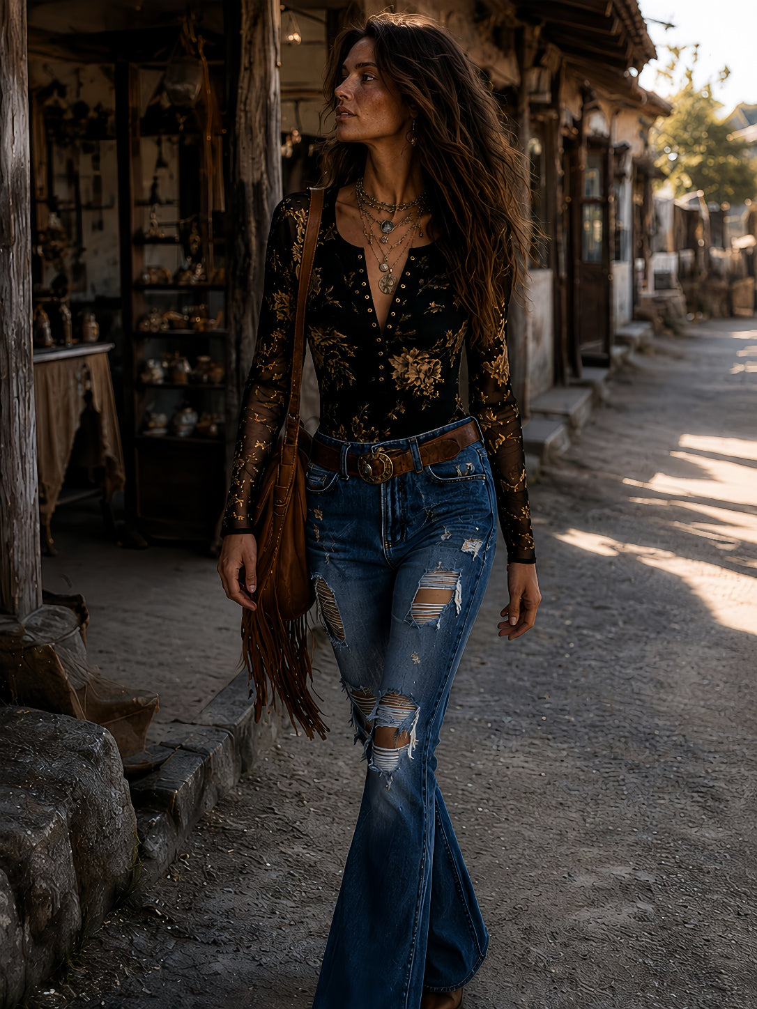 Blusa Boho Retro de Malla Semitransparente con Estampado Floral y Botones Frontales