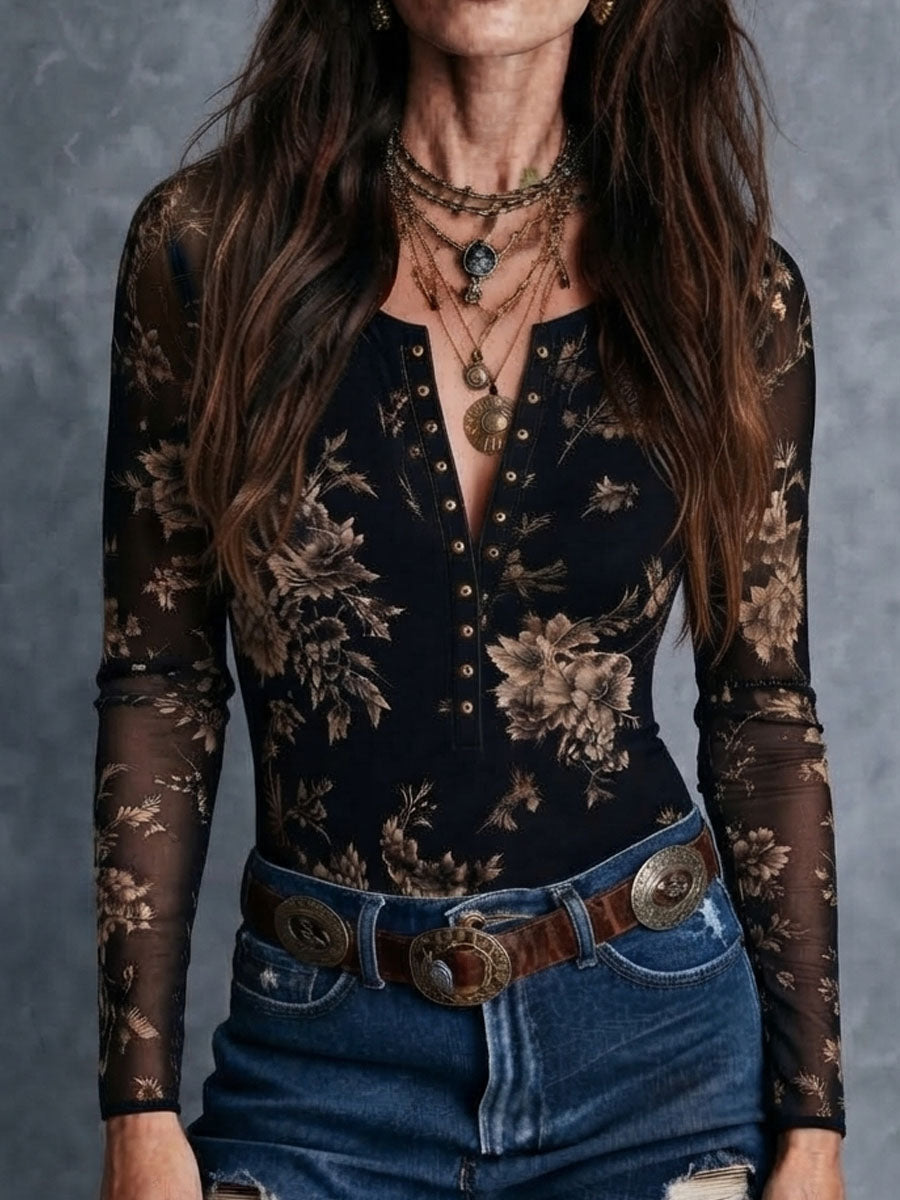 Blusa Boho Retro de Malla Semitransparente con Estampado Floral y Botones Frontales