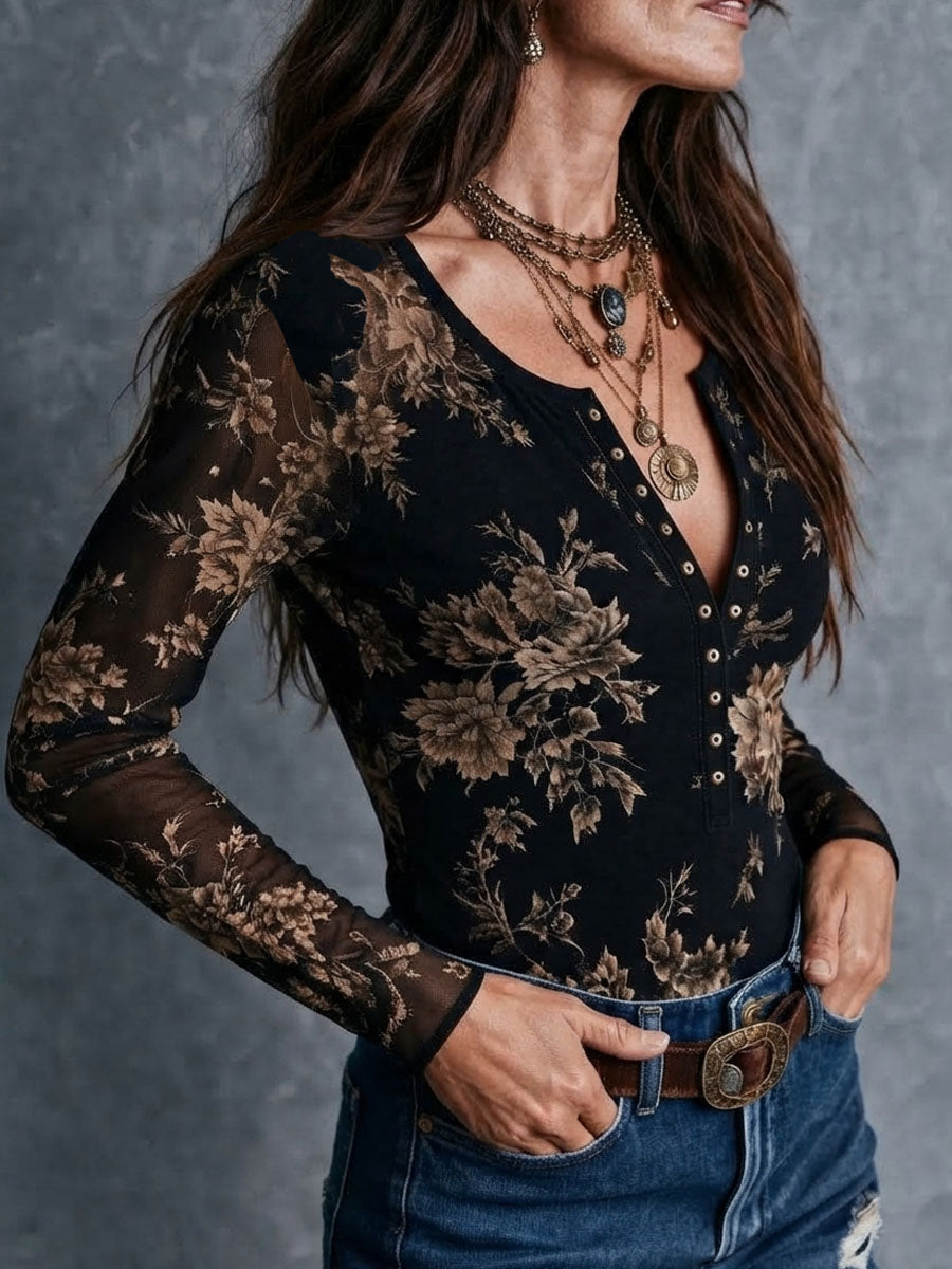 Blusa Boho Retro de Malla Semitransparente con Estampado Floral y Botones Frontales