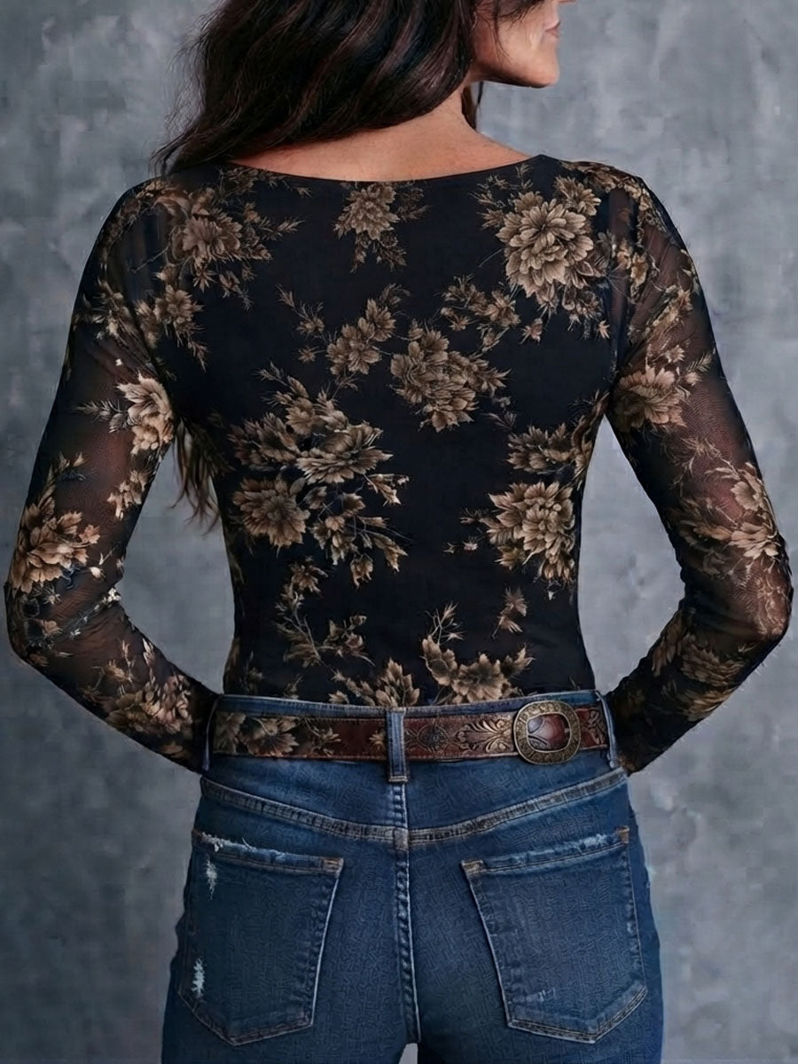 Blusa Boho Retro de Malla Semitransparente con Estampado Floral y Botones Frontales