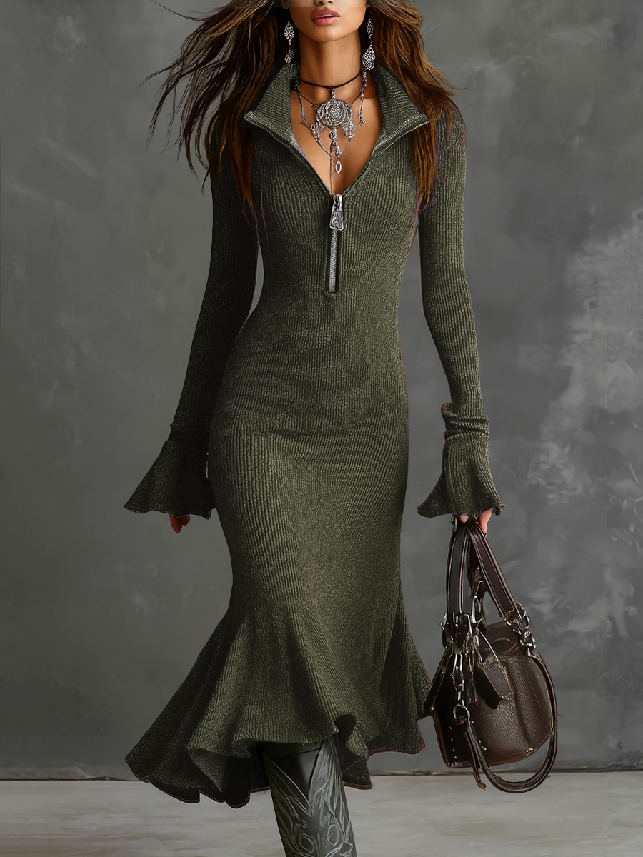 Vestido Midi Retro de Punto con Cuello de Cremallera y Mangas Acampanadas