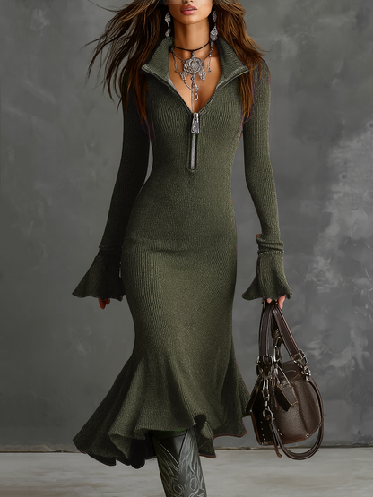 Vestido Midi Retro de Punto con Cuello de Cremallera y Mangas Acampanadas