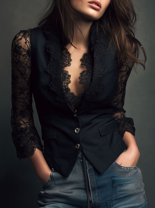 Top blazer negro elegante con mangas de encaje